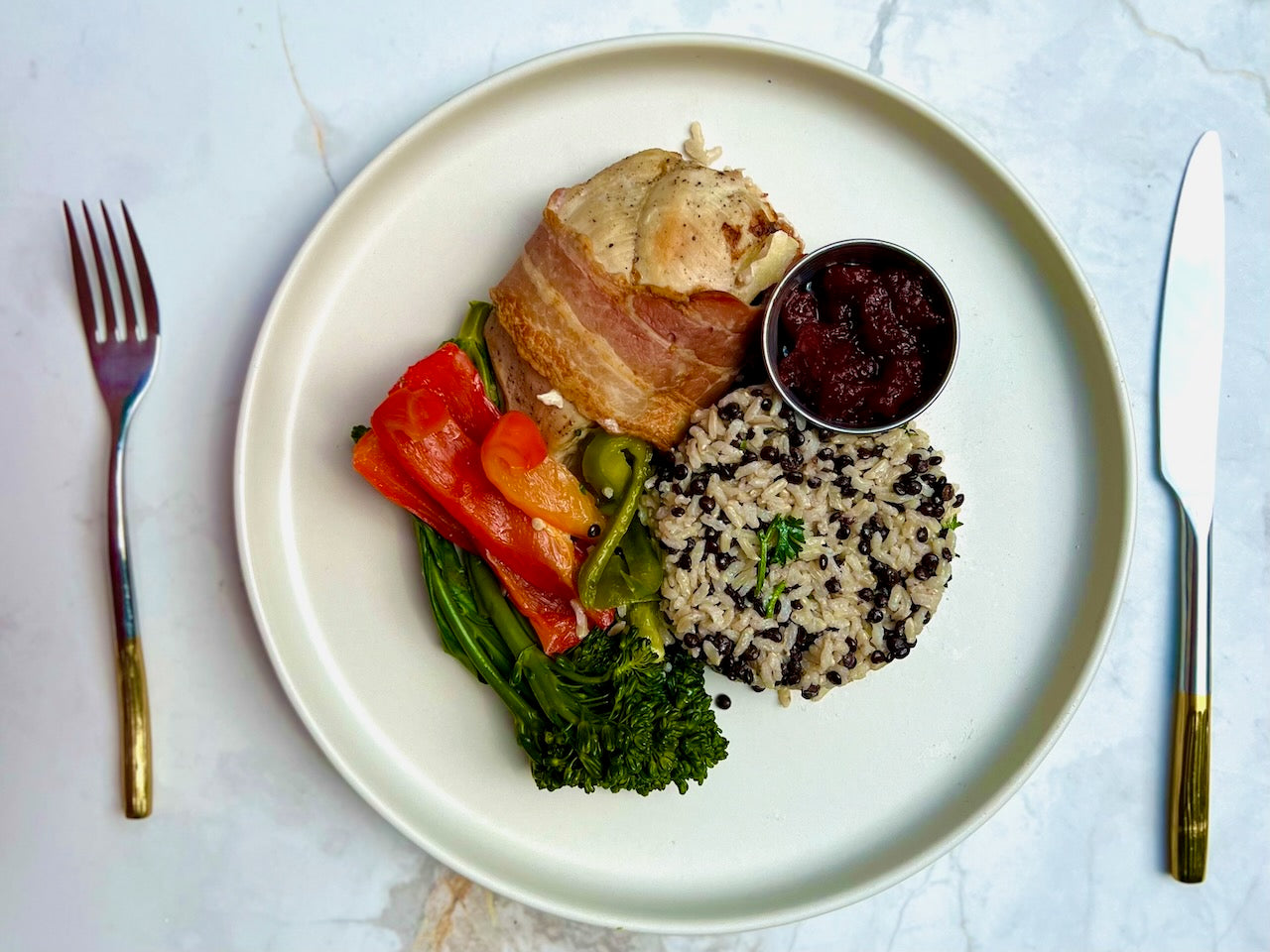 Bacon Wrapped Chicken (breast) Stuffed with Apples & Aged Ontario Cheddar, Rice & Lentil Pilaf