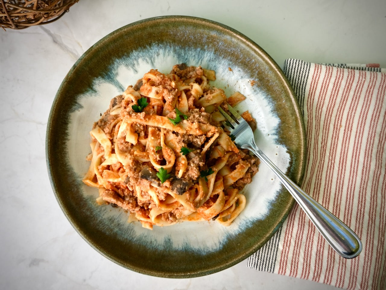 Ground 'Enright' Beef Bolognese with Fettuccine Pasta & Parmesan Cheese