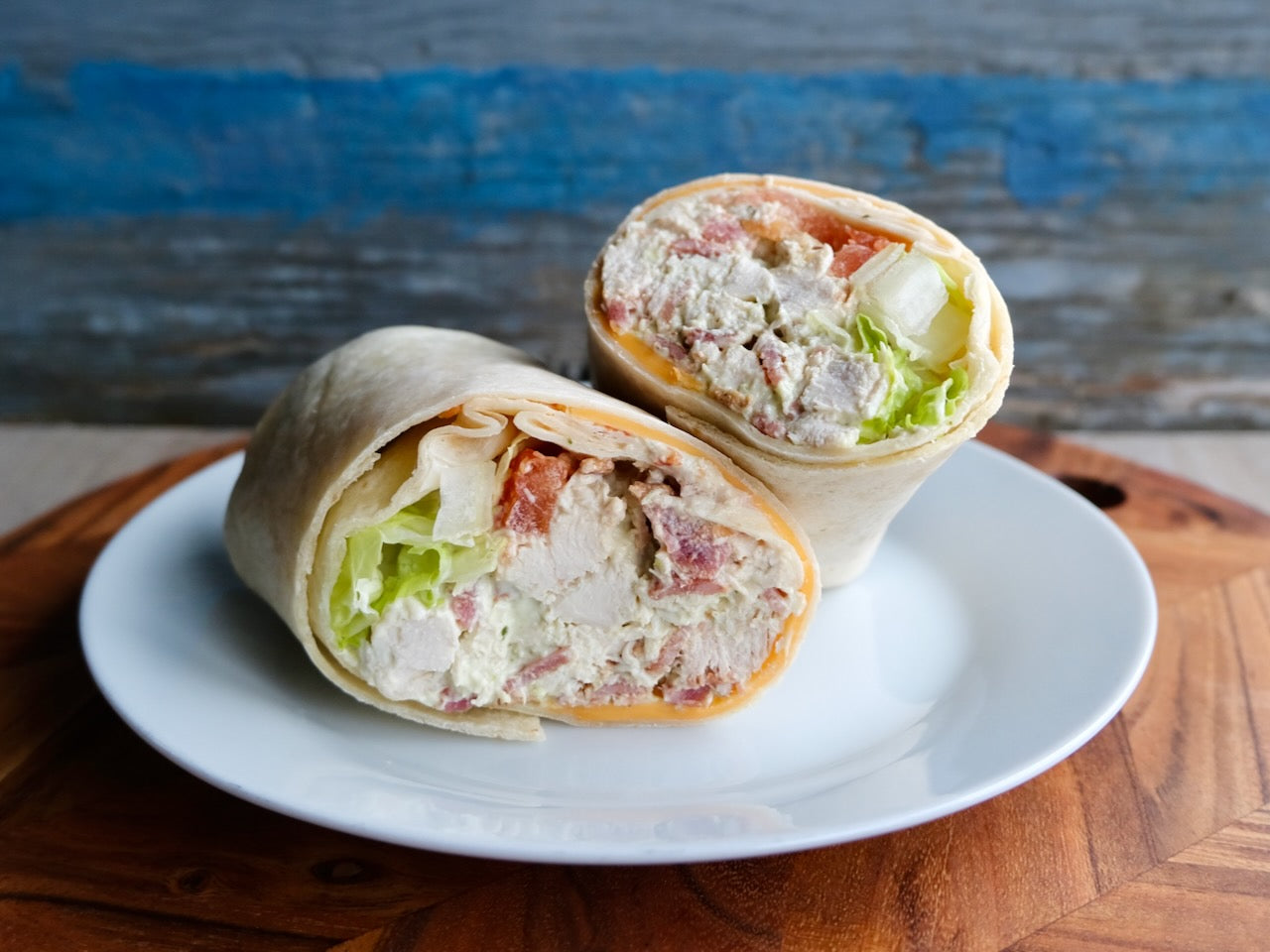Roasted Chicken Club Wrap with Bacon, Cheddar Cheese, Romaine Lettuce & Tomatoes
