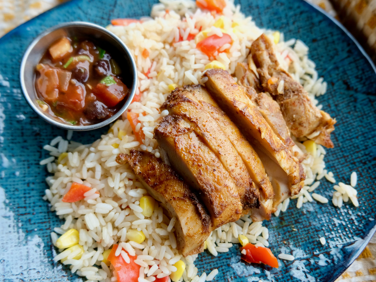 Roasted Chicken (Thigh) with Black Bean & Tomato Salsa, Rice with Peppers & Corn