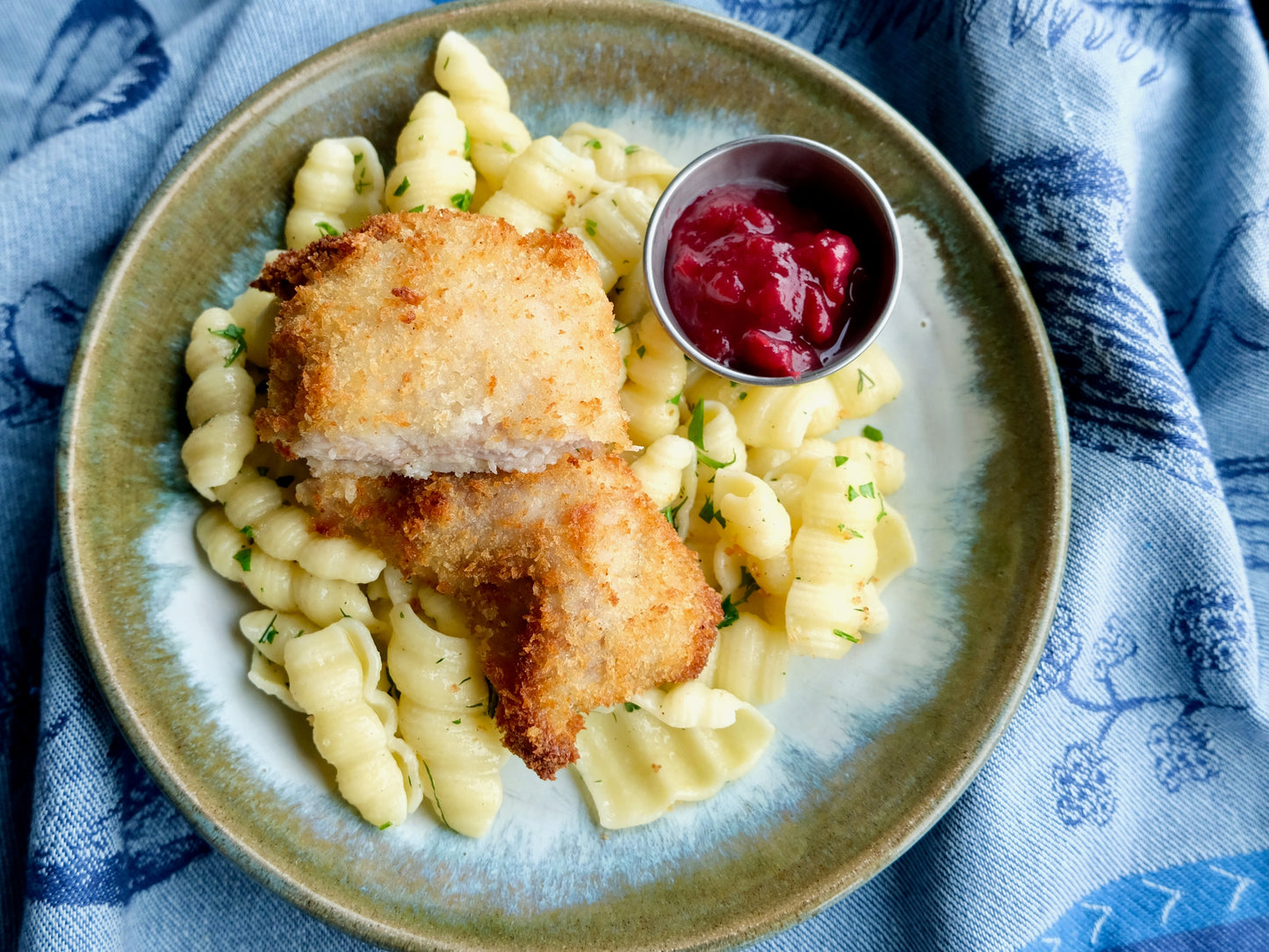 Chicken Schnitzel (Thigh) with Cranberry Sauce, Egg Noodles with Butter & Fresh Herbs
