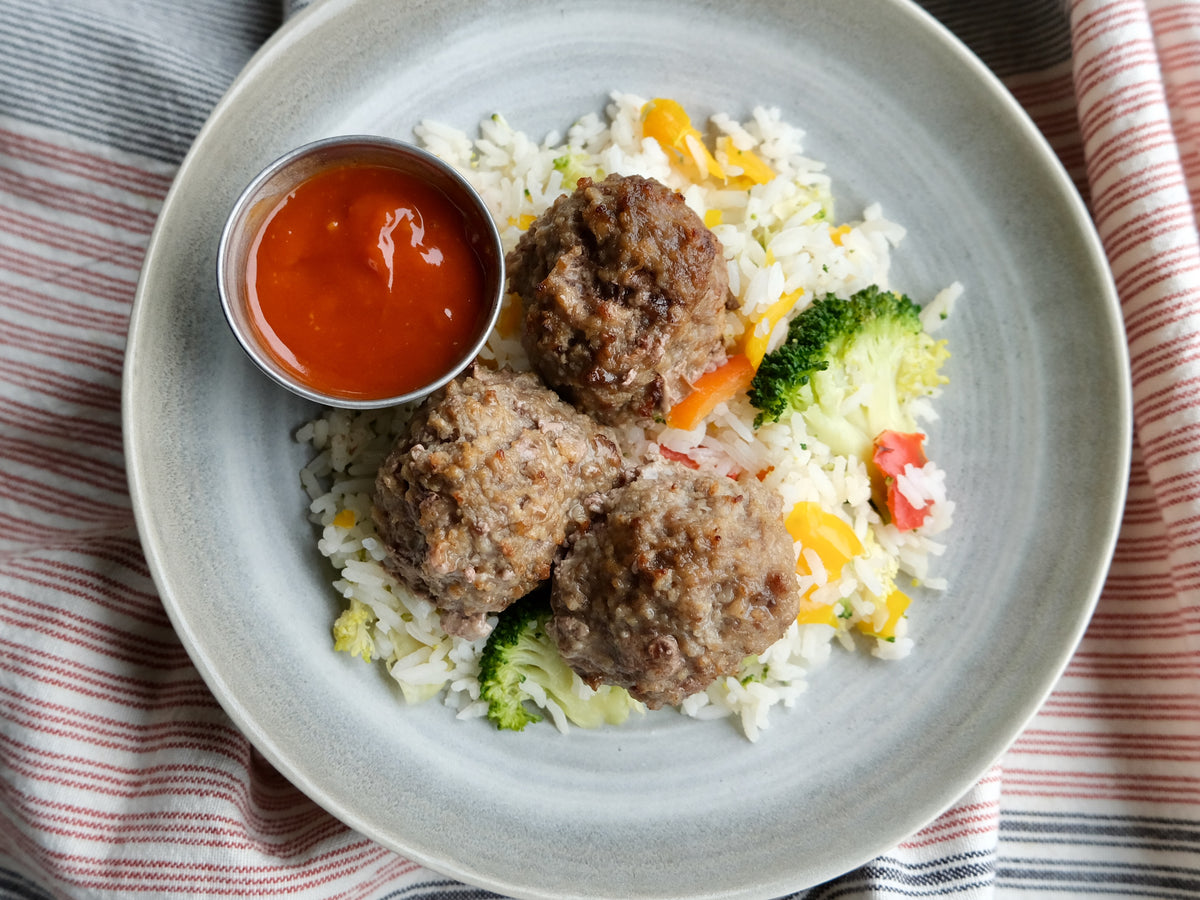 Beef Meatballs With Korean BBQ Sauce, Organic Rice With Broccoli & Peppers