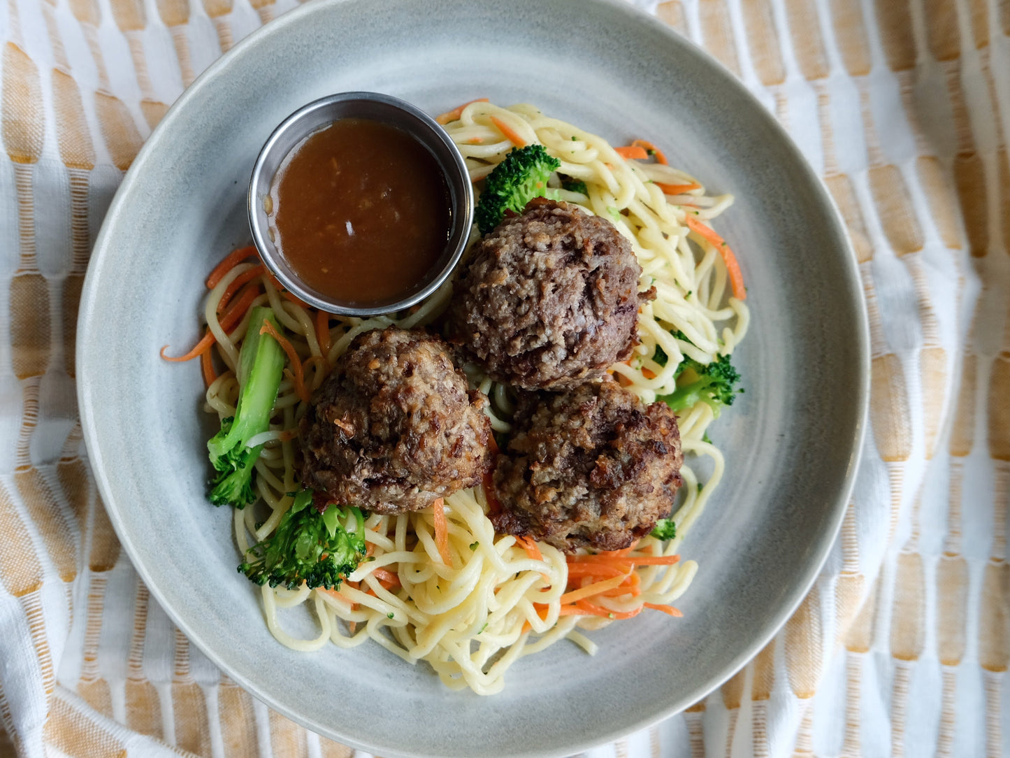 'Berkshire' Pork Meatballs with Teriyaki Sauce, Ramen Noodles with Peppers & Carrots