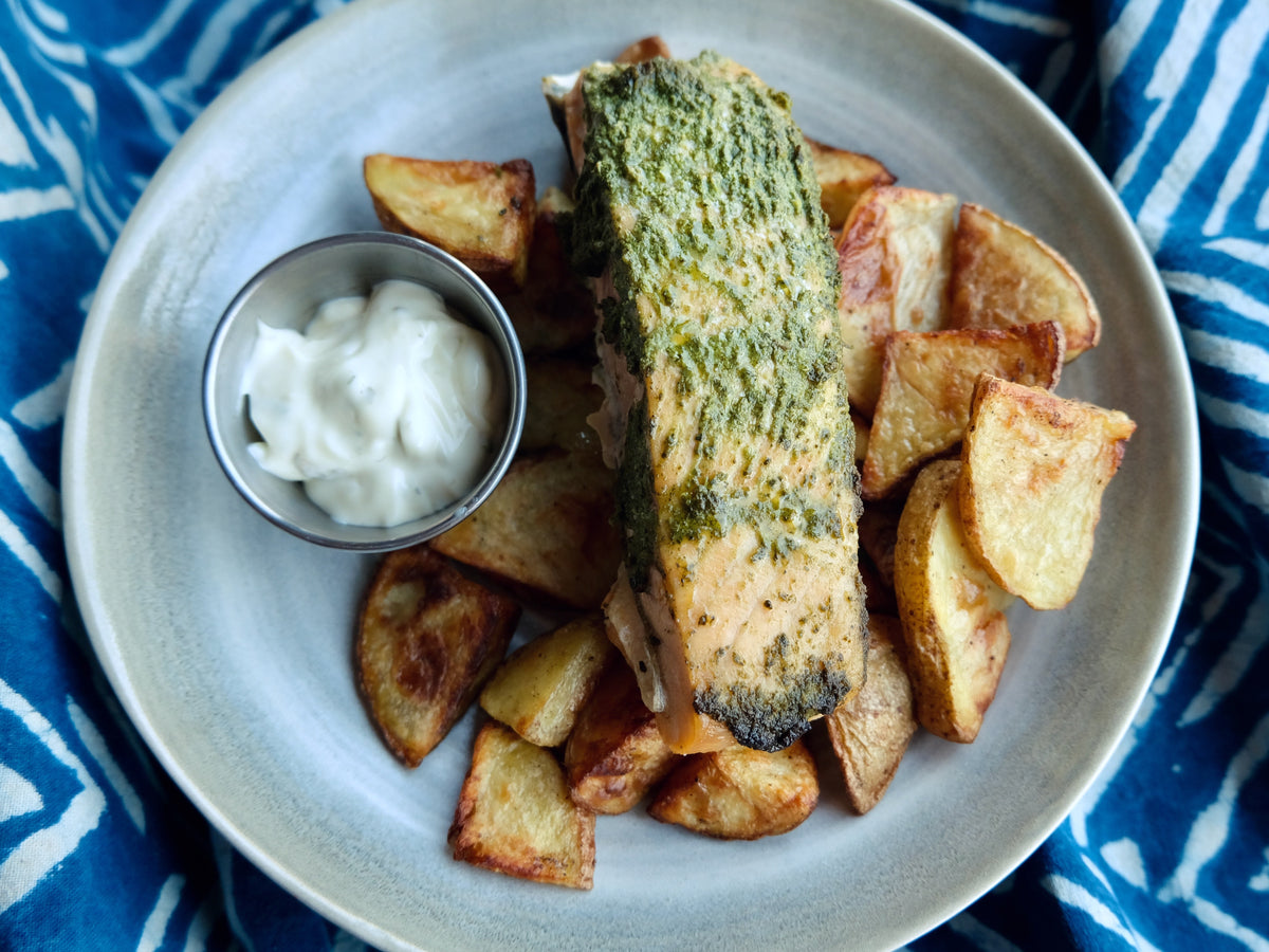 Pesto Baked Atlantic Salmon Filets, Roasted Potatoes with Lemon Caper Aioli