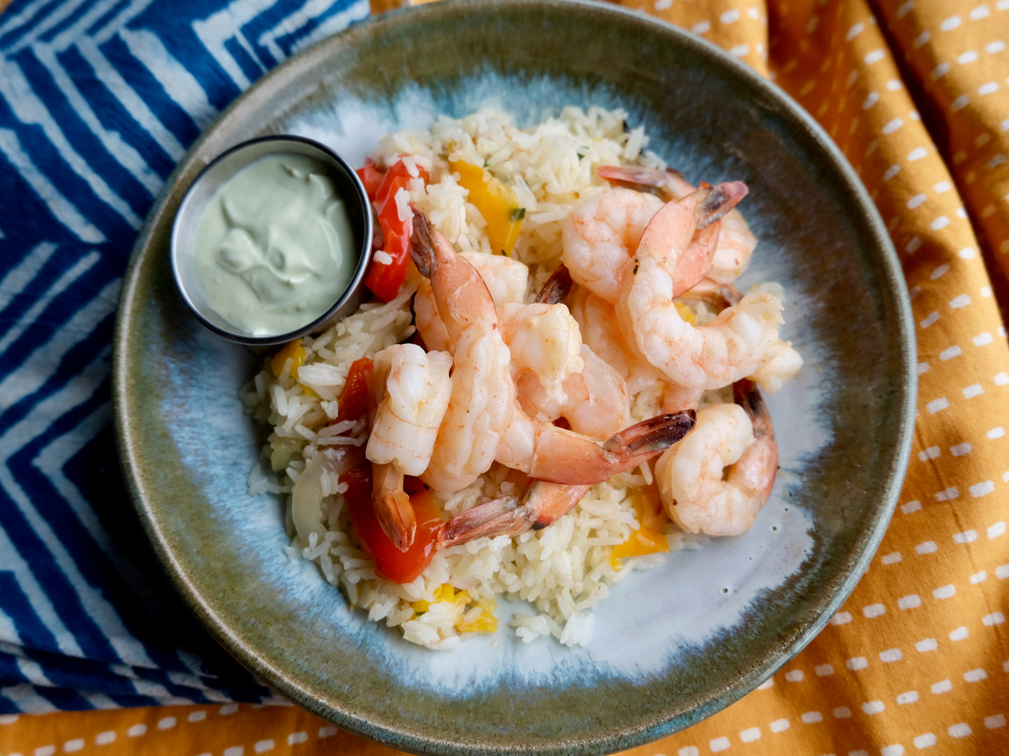Tex-Mex Shrimp with Peppers, Onions & Sour Cream, Rice with Black Beans & Green Onions