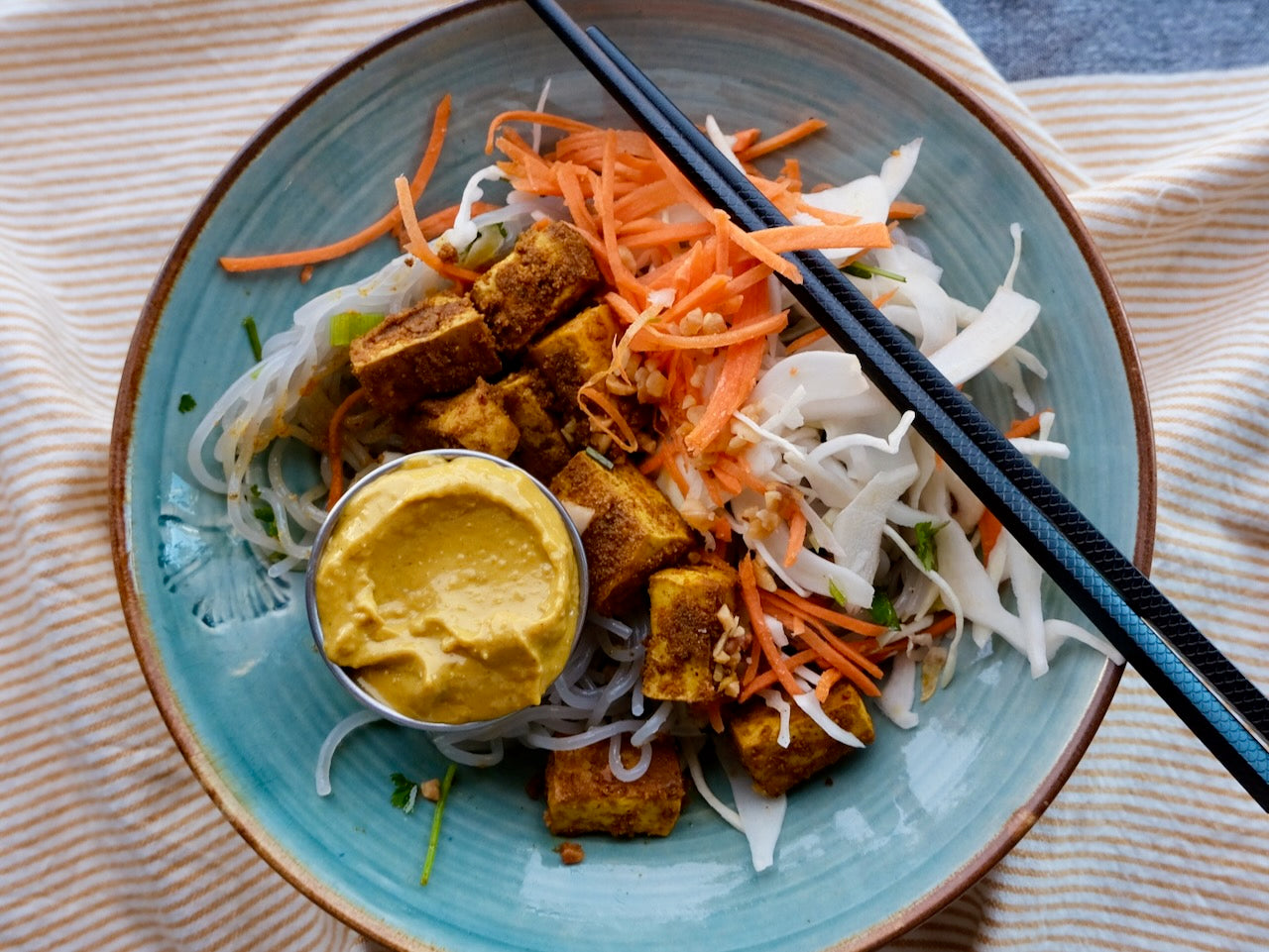 Glass Noodle Salad with Roasted Tofu, Carrots & Cabbage, Peanut & Tamari Sauce