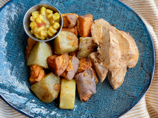 Bbq Chicken (breast) with Corn Relish, Roasted Sweet & White Potatoes