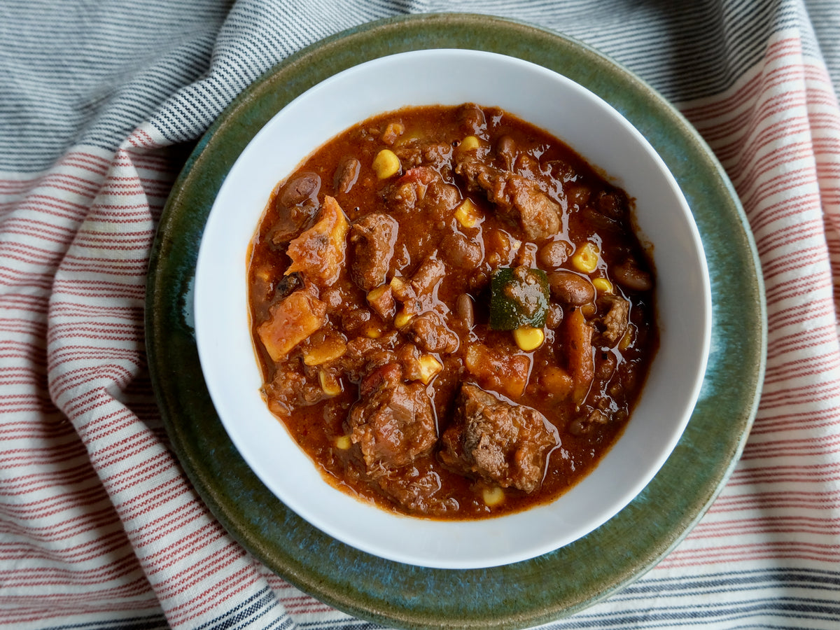Braised 'Enright' Beef Chili With Sweet Potatoes, Organic Pinto Beans & Corn