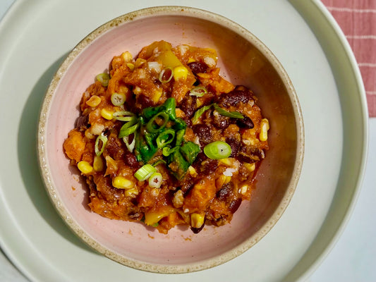 Braised 'Enright' Beef Chili with Organic Kidney Beans, Black Beans, Green Peppers & Corn