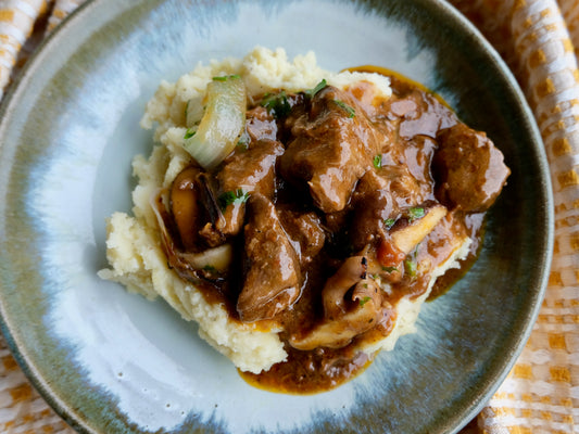 Braised 'Enright' Beef With Shiitake Mushrooms & Onions, Creamy Mashed Potatoes
