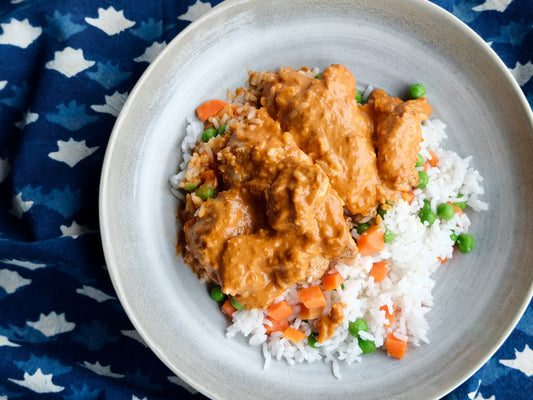 Butter Chicken (breast), Rice with Sweet Peas & Carrots