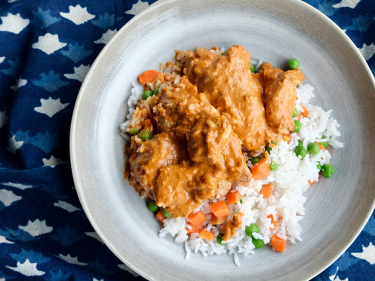 Butter Chicken (breast), Rice with Sweet Peas & Carrots