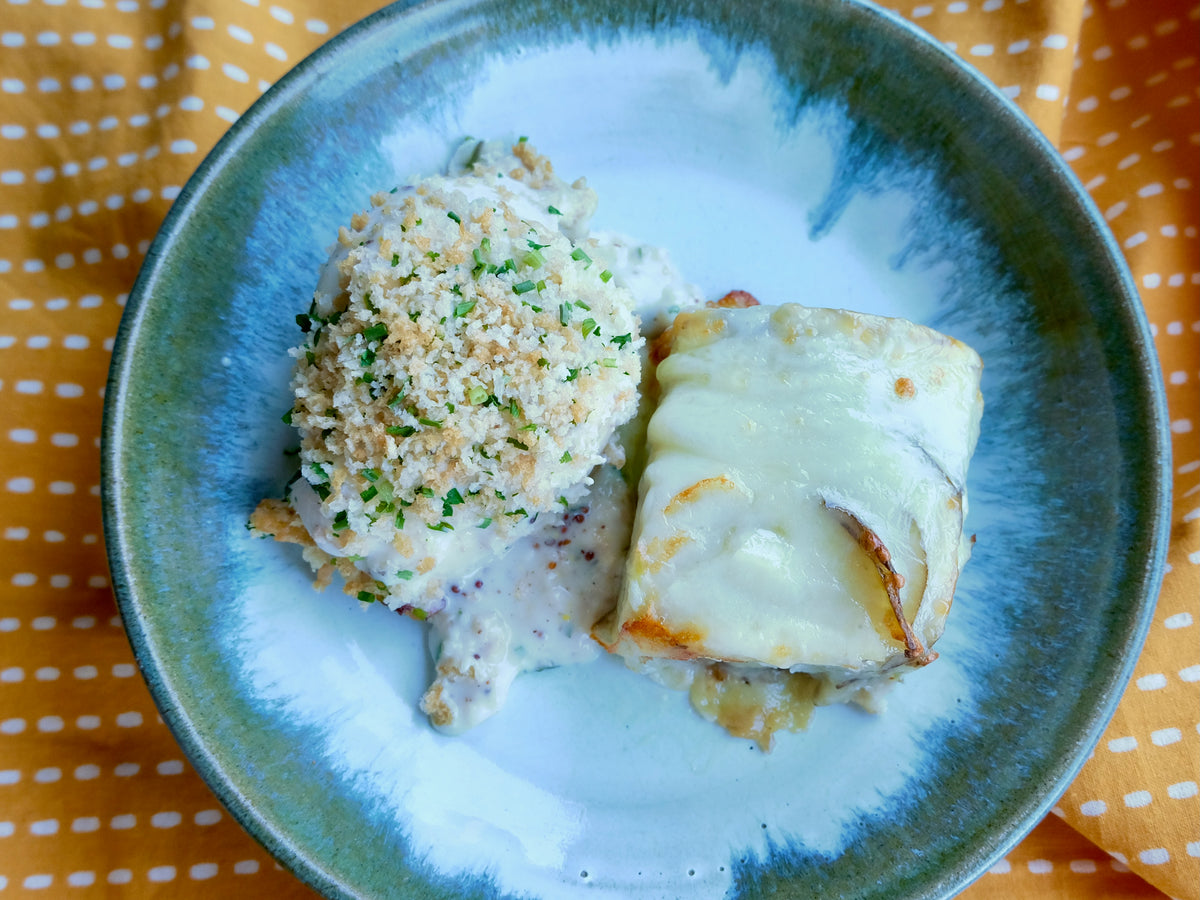 Cordon Bleu de poulet (poitrine) farci au jambon et au cheddar de l'Ontario vieilli, Gratin dauphinois au fromage