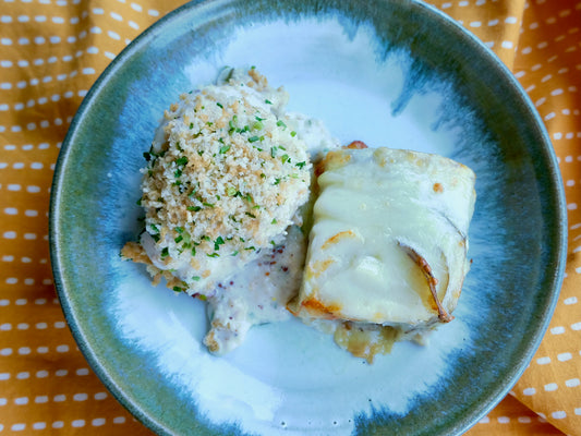 Cordon Bleu de poulet (poitrine) farci au jambon et au cheddar de l'Ontario vieilli, Gratin dauphinois au fromage