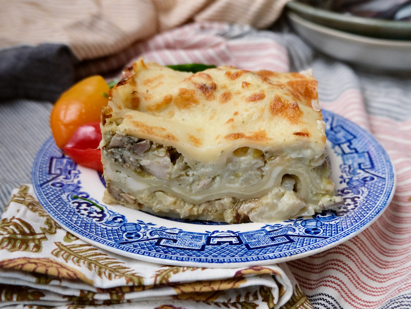 Creamy Chicken (Breast) Lasagna with Spinach, Artichokes, Mushrooms & Goat Cheese
