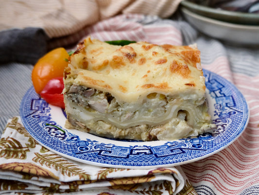 Creamy Chicken (Breast) Lasagna with Spinach, Artichokes, Mushrooms & Goat Cheese