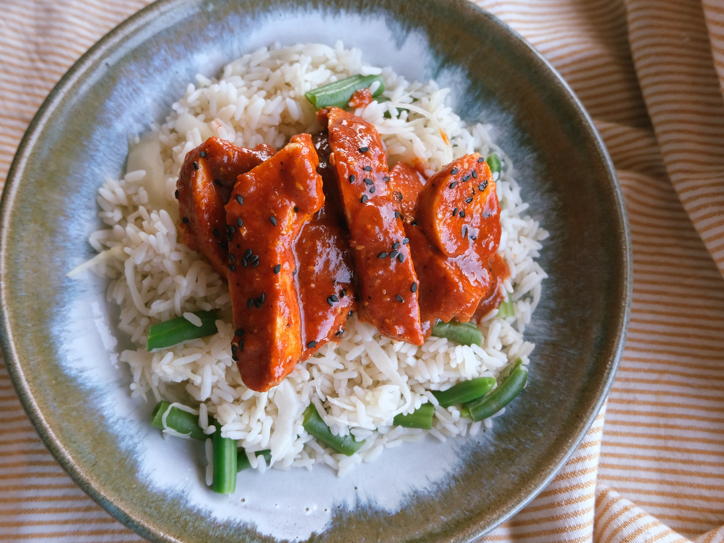 Chicken (Breast) with Gochujang Sauce, Rice with Green Beans & Cabbage