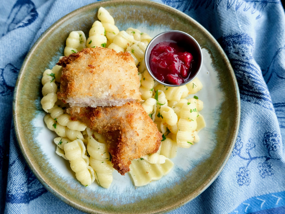 Chicken Schnitzel (Thigh) with Cranberry Sauce, Egg Noodles with Butter & Fresh Herbs