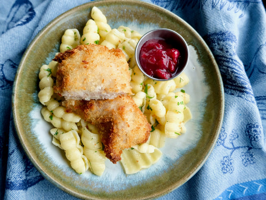 Chicken Schnitzel (Thigh) with Cranberry Sauce, Egg Noodles with Butter & Fresh Herbs