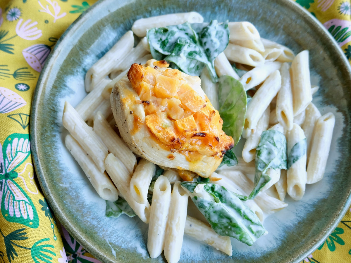 Stuffed Chicken (Breast) with Butternut Squash, Leeks & Cheese, Pasta with Spinach & Cream Sauce