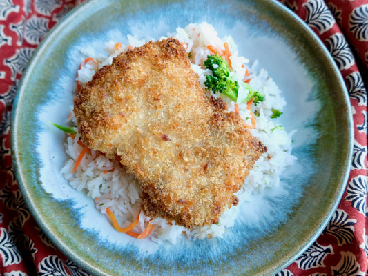Crispy Chicken (Thigh) with Korean BBQ Sauce, Rice with Kimchi & Carrots