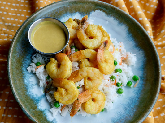 Curried Shrimp, Organic Rice with Peas and Carrots