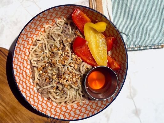Dan Dan Style Ontario ‘Berkshire’ Pork with Peanut Sauce, Ramen Noodles with Chili Oil