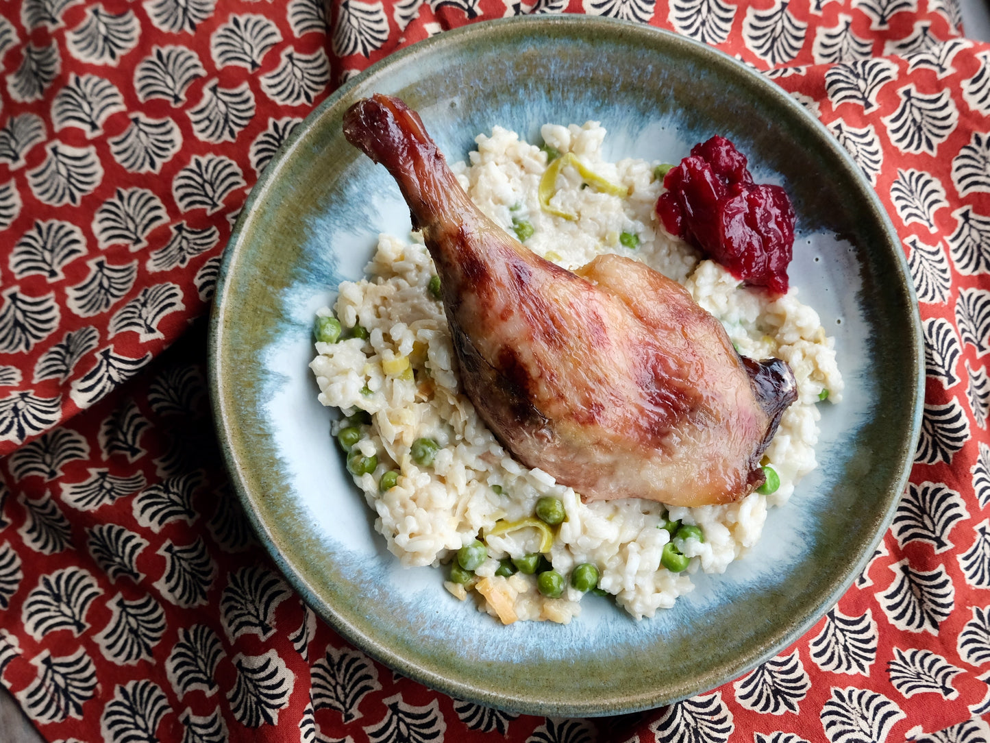 Braised Duck Legs with Cranberry Sauce, Creamy Risotto with Leeks & Sweet Peas