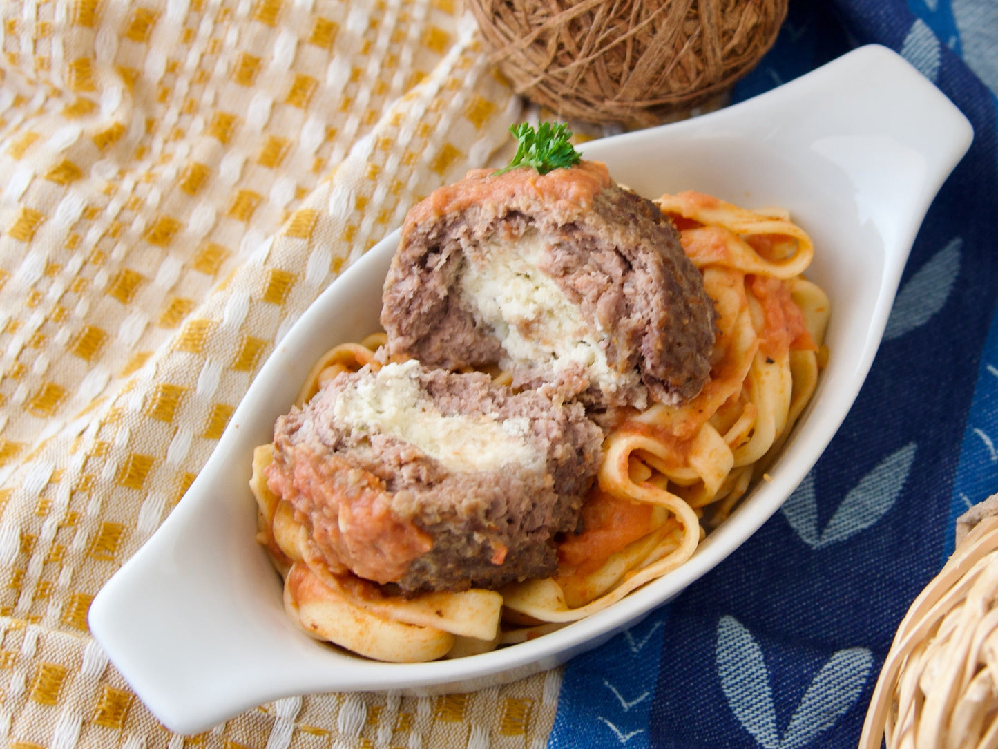 Giant Ricotta Stuffed Beef Meatball with Spaghetti, Tomato Sauce & Parmesan Cheese