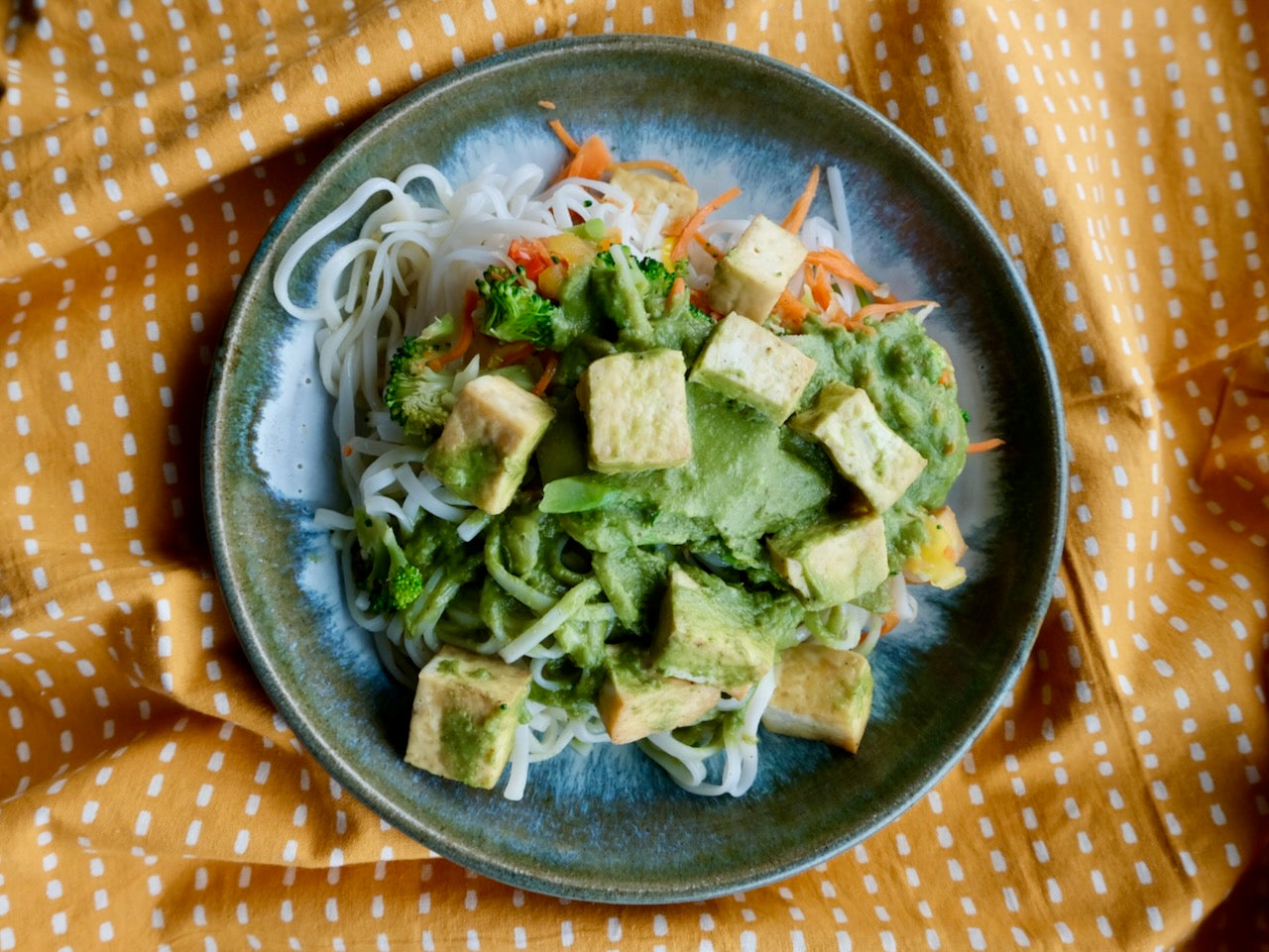 Thai Green Curry Stir Fry with Roasted Organic Tofu, Vegetables & Rice Noodles