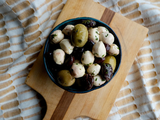 Marinated Bocconcini  with Kalamata Olives  and Green Olives