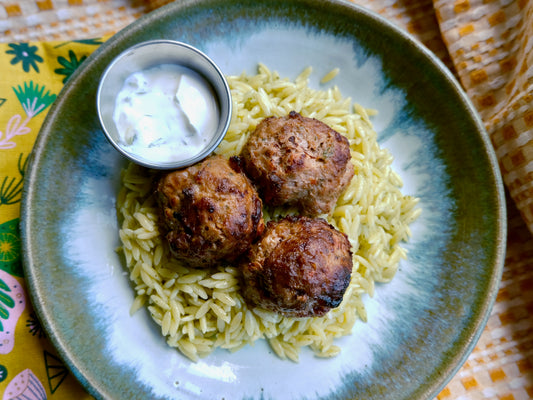 Souvlaki 'Berkshire' Pork Meatballs with Tzatziki, Herbed Orzo Pasta