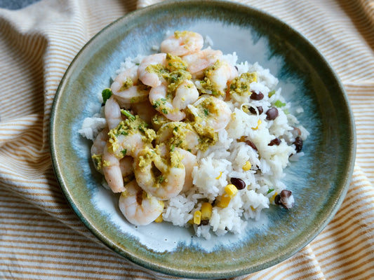 Mojo Marinated Shrimp, Rice with Black Beans & Green Onions