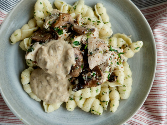 Mushroom Dijon Chicken (breast), Buttered Penne with Herbs