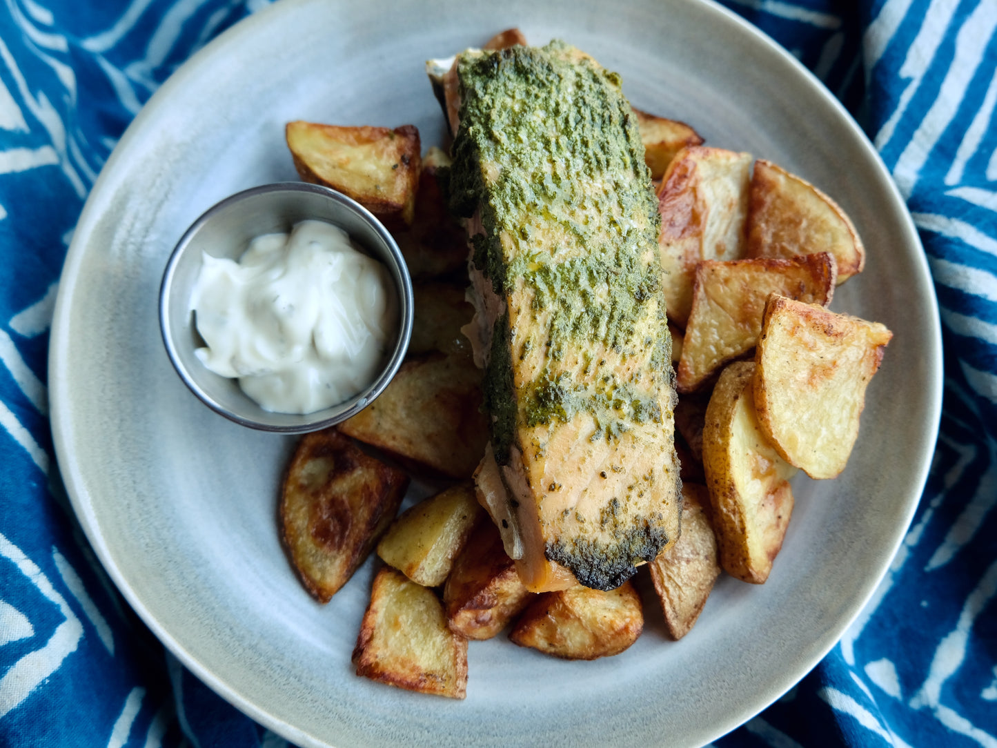 Pesto Baked Atlantic Salmon Filets, Roasted Potatoes with Lemon Caper Aioli
