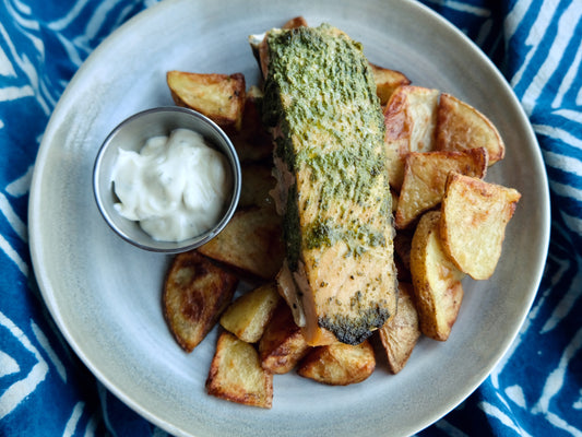 Pesto Baked Atlantic Salmon Filets, Roasted Potatoes with Lemon Caper Aioli