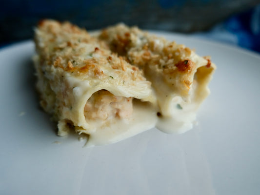 Bake-from-Frozen Seafood Cannelloni: Salmon, Shrimp, Lobster & Spinach with a Creamy Béchamel