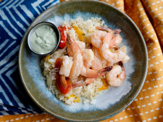 Tex-Mex Shrimp with Peppers, Onions & Sour Cream, Rice with Black Beans & Green Onions