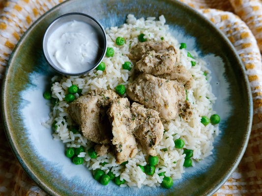 Souvlaki Spiced Chicken (Breast) with Tzatziki Sauce & Rice with Peas