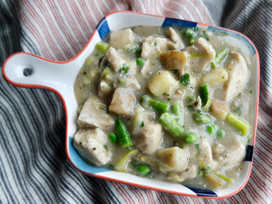 Chicken Stew (Thigh) with Spring Asparagus, Potatoes, Leeks & Peas