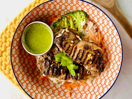 Vietnamese Style Five Spice Chicken (thigh), Steamed Rice with Eggplant, Broccoli, Carrots & Peanuts